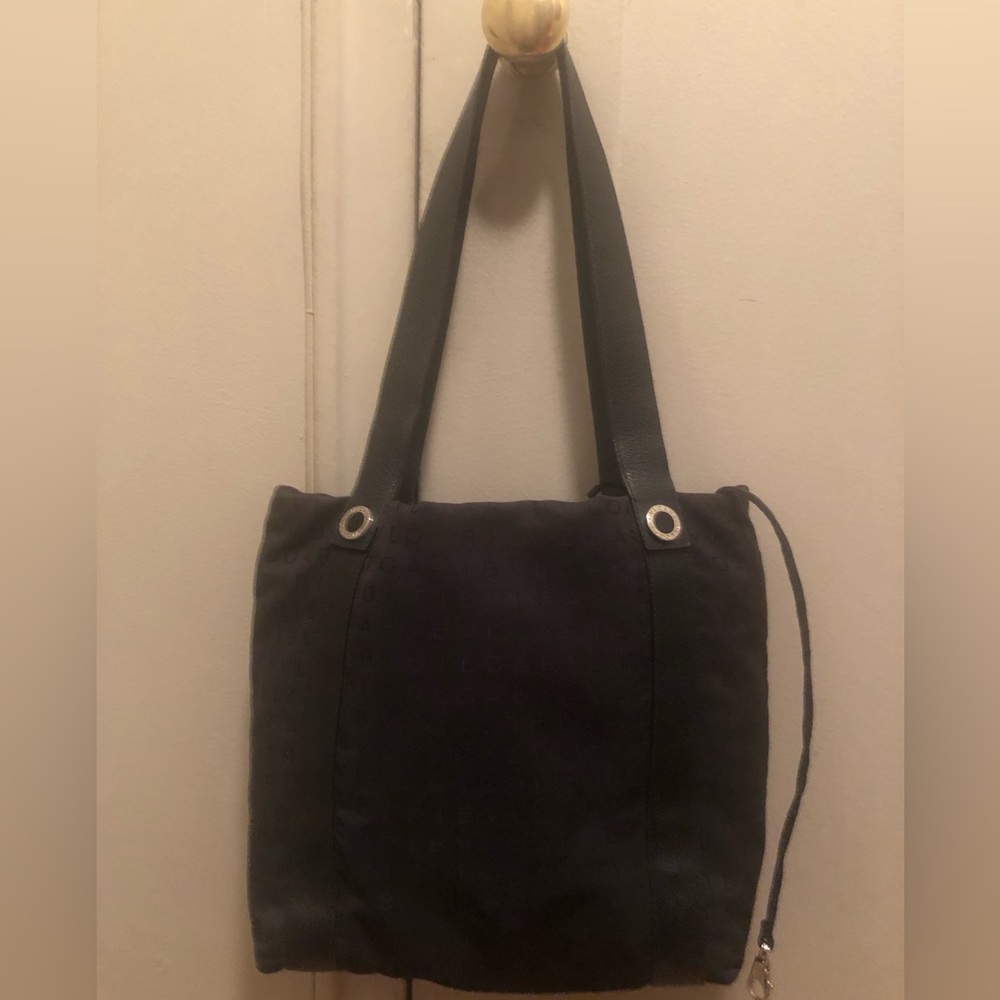 Classic Bvlgari black canvas logo tote bag with black leather trim and pouch